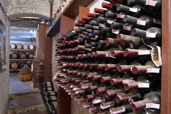 Wine bottles aging in the cellar