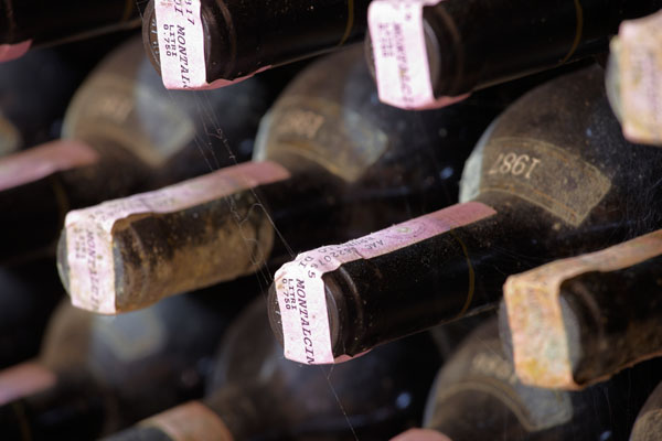 Wine bottles aging in the cellar