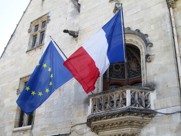 French and European flags at the impressive Town Hall in Libourne