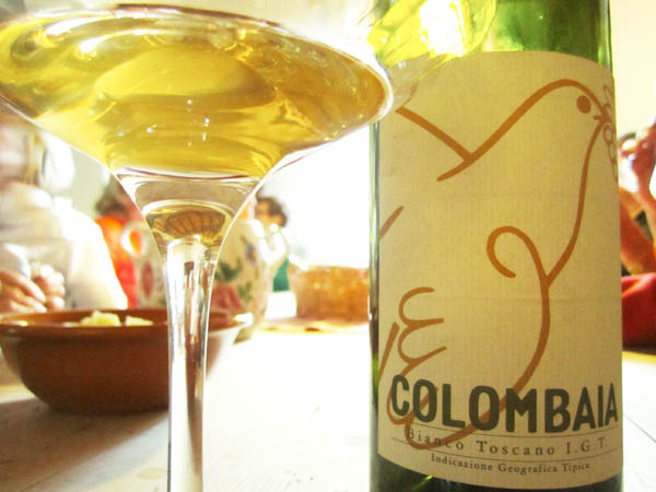 Tasting the white Colombaia wine, Tuscany, Italy