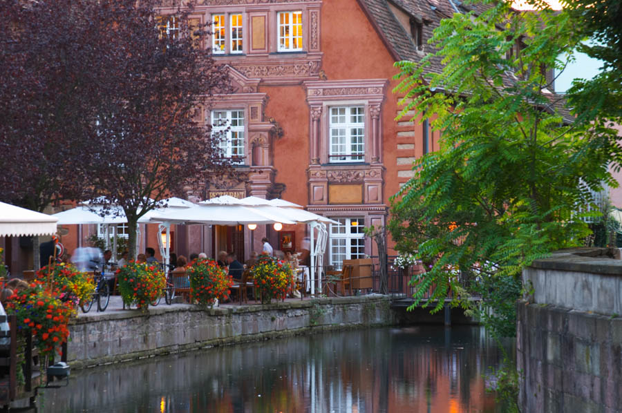 Restaurant terrace in Little Venice 'Petite Venise', Colmar, Alsace