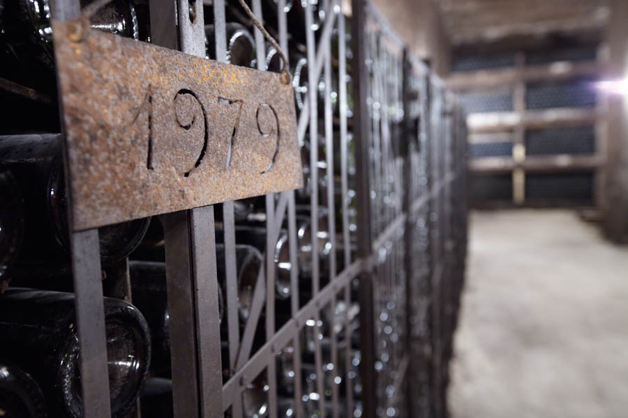 Old bottles resting in the wine cellar