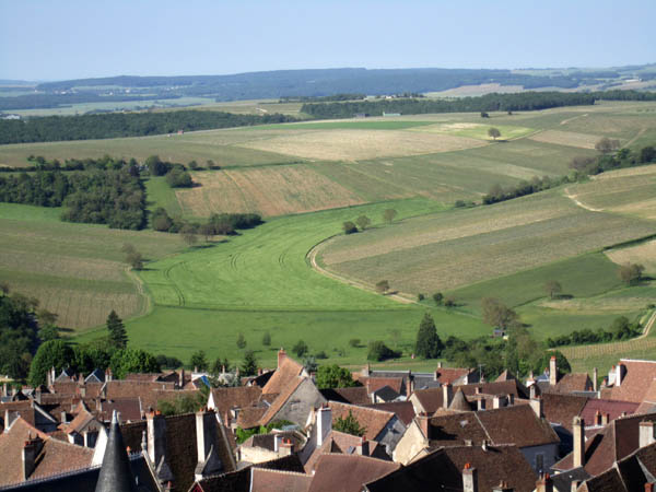 View over the landscape, vineyards, fields and rooftops, Sancerre