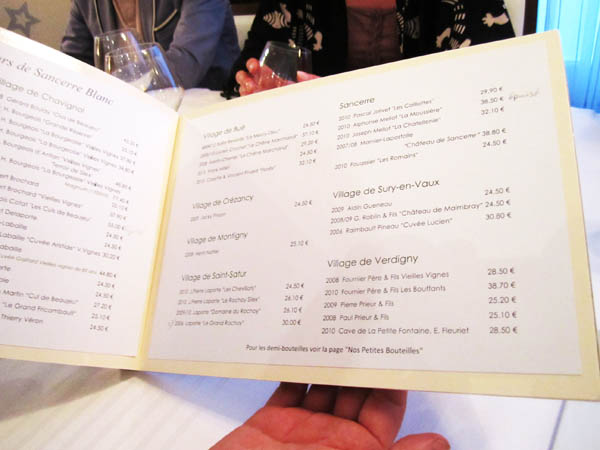 Wine list in a restaurant in Sancerre