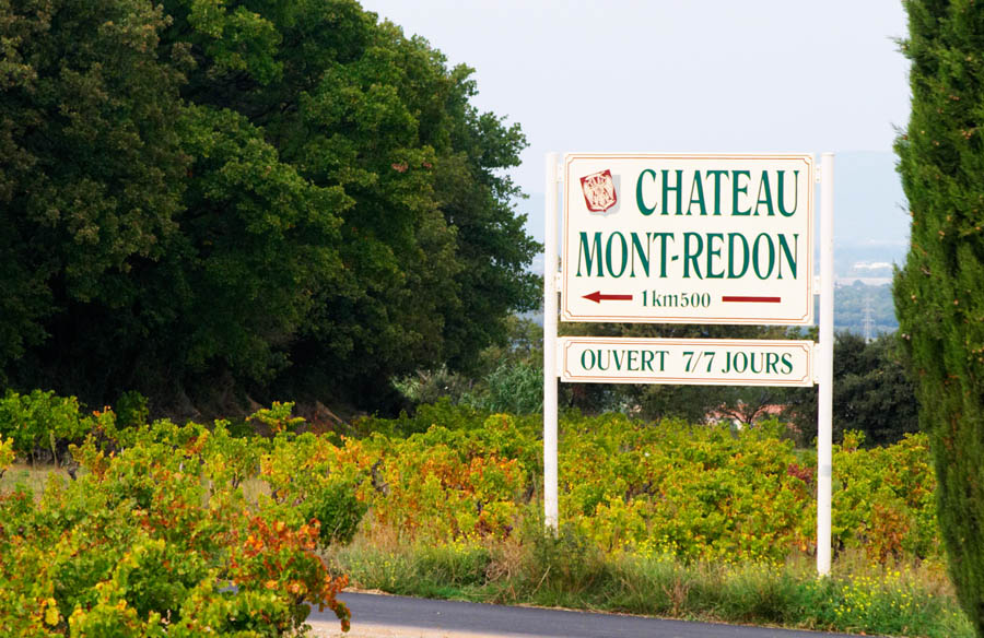 Sign to Chateau Mont Redon in the vineyards, Chateauneuf-du-Pape, Rhone