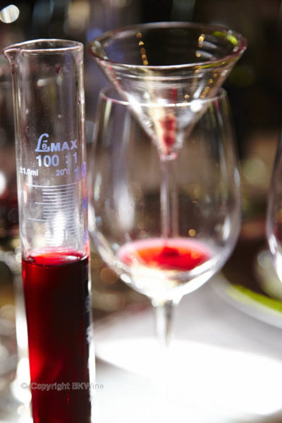 Blending workshop at a winery, measuring glasses