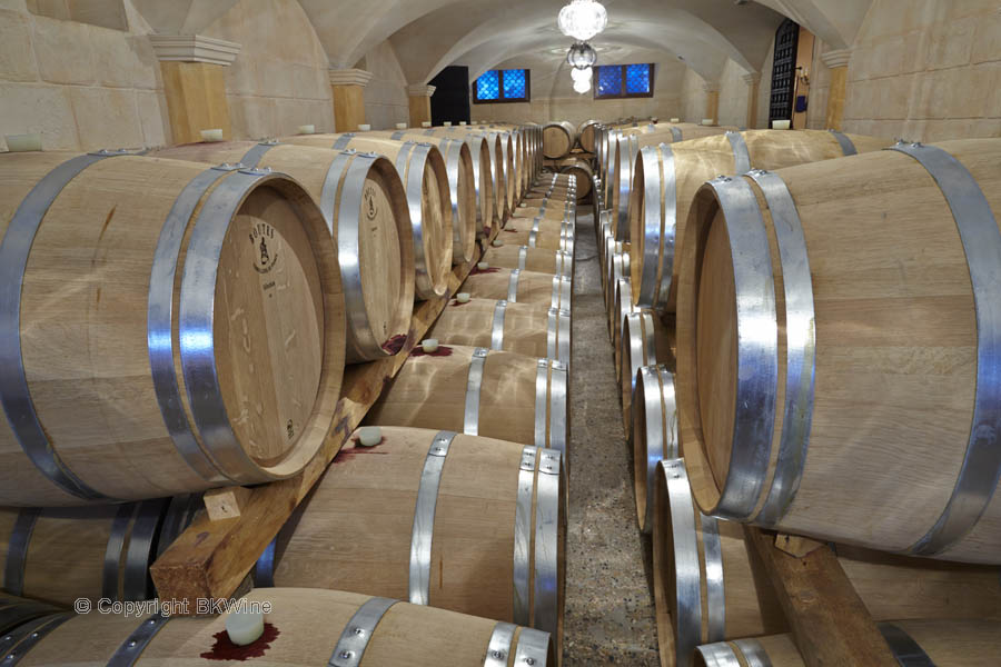 Oak barrels in the Allegrini wine cellar