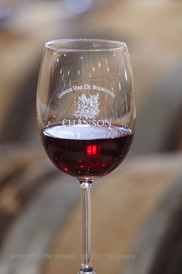 Wine tasting in the barrel cellar at Chanson in Burgundy
