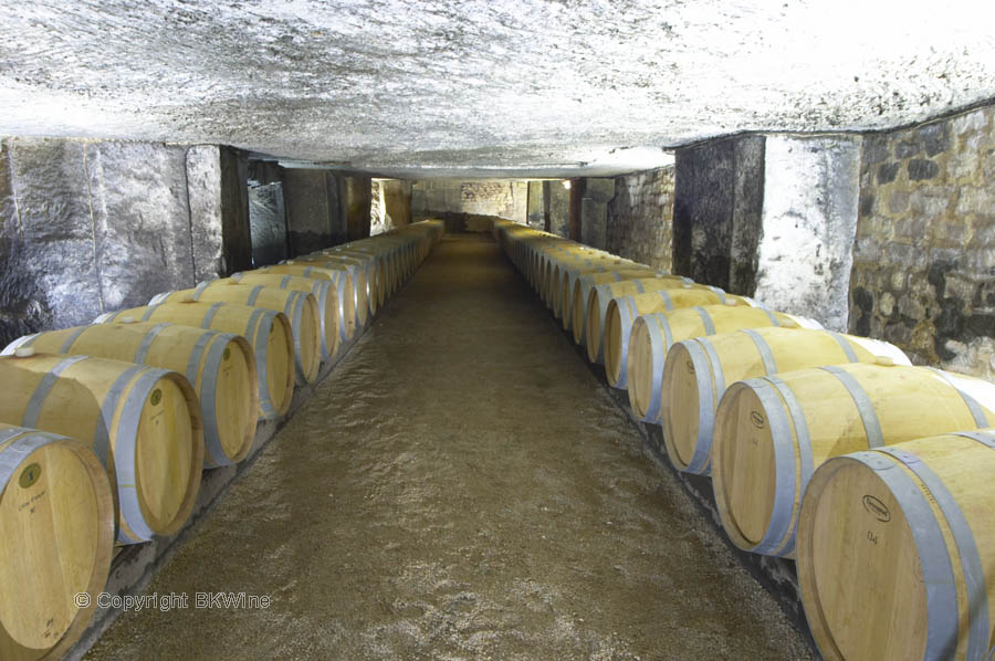 Barrel aging cellar at Clos Fourtet, Saint Emilion, Bordeaux