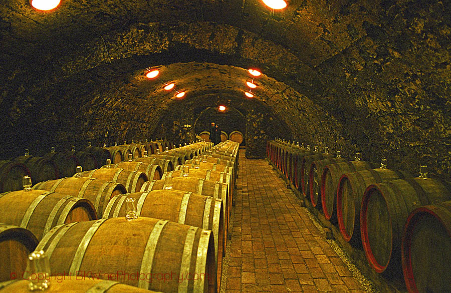 Tokaji wine ageing in oak barrels in an underground cellar