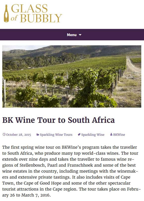 Glass of Bubbly features BKWine South Africa tour