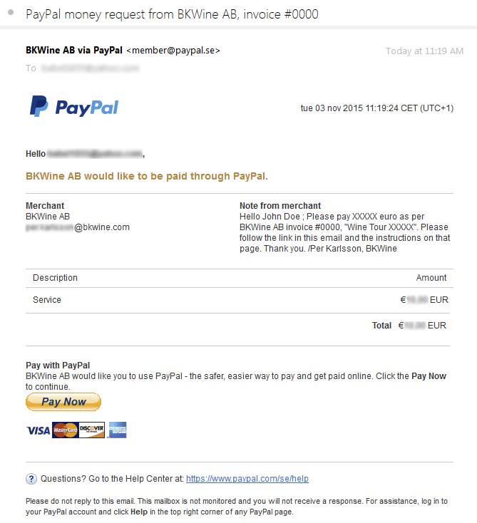 Payment request email through PayPal