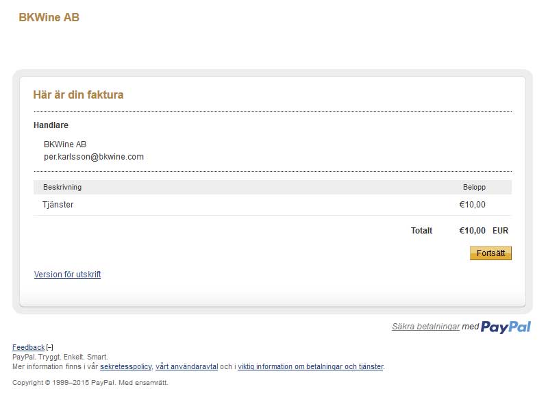On-line payment details with PayPal in Swedish