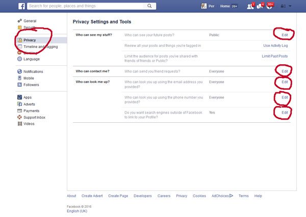 Facebook settings options
