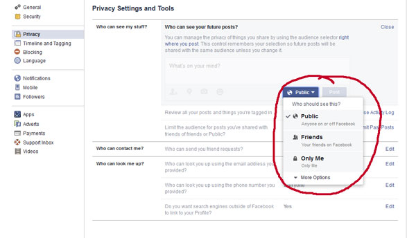 Facebook settings for visibility