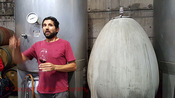 Juan Pablo, winemaker at Antiyal and and egg tank, Chile