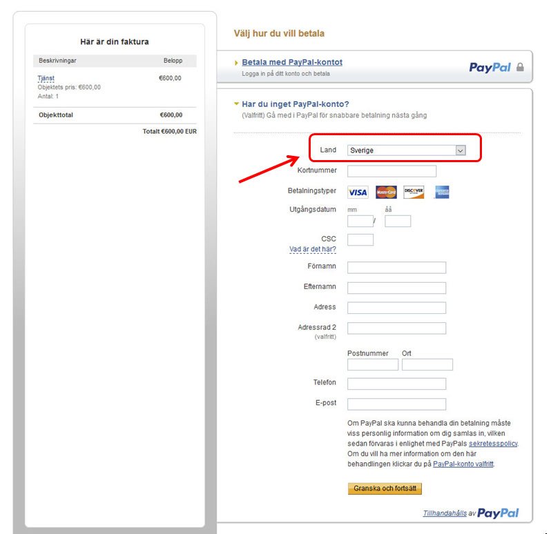 Payment with or without PayPal account in Swedish
