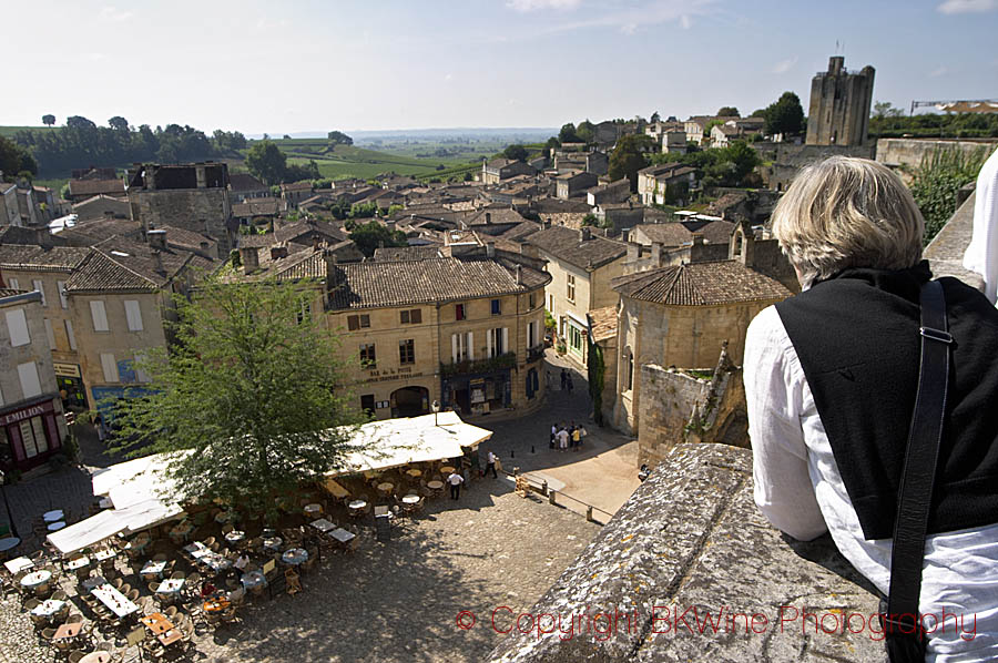 View over Saint Emilion square, rooftops, and vineyards