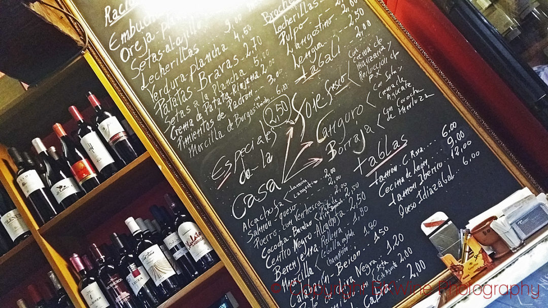 The menu with tapas and wines in a bar in Logroño