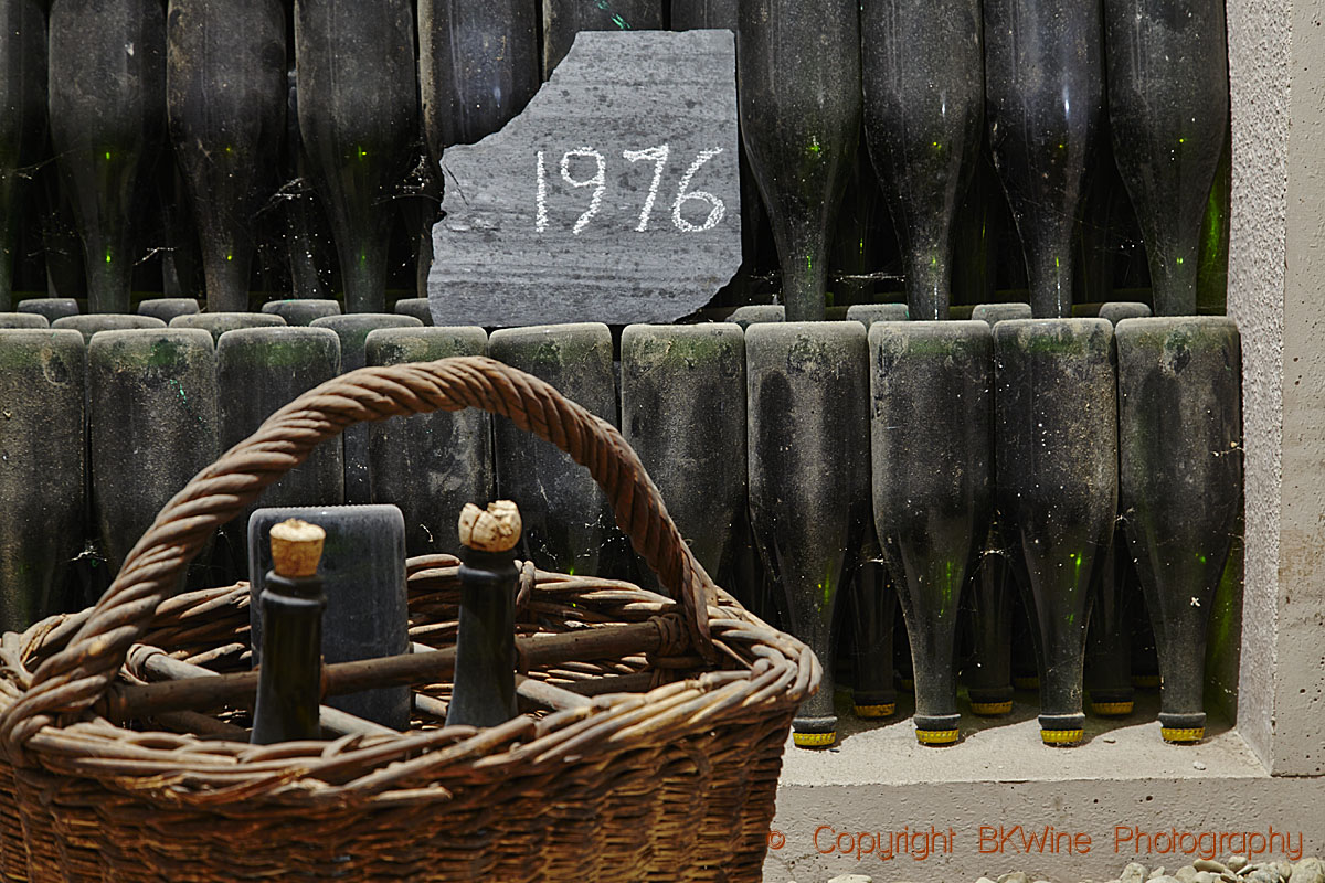 Old bottles “sur pointe”, in a cellar in Champagne