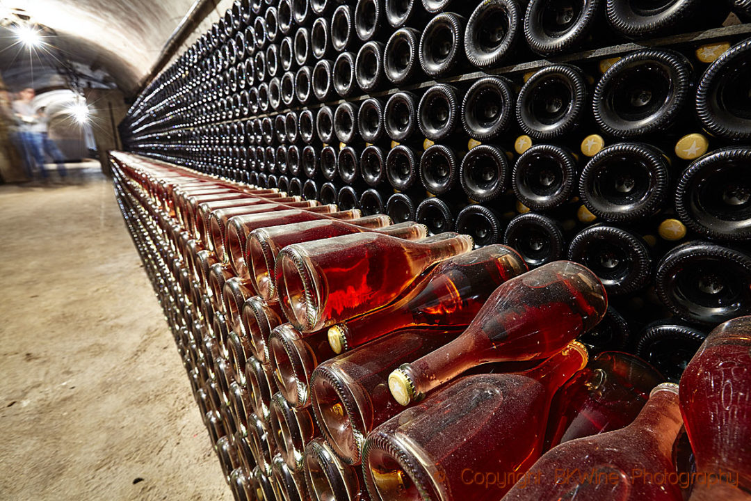 Bottles sur lattes, in a cellar in Champagne