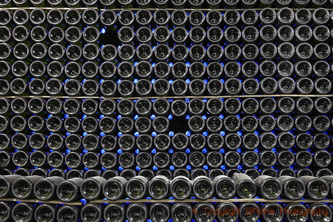 Bottles sur lattes, in a cellar in Champagne