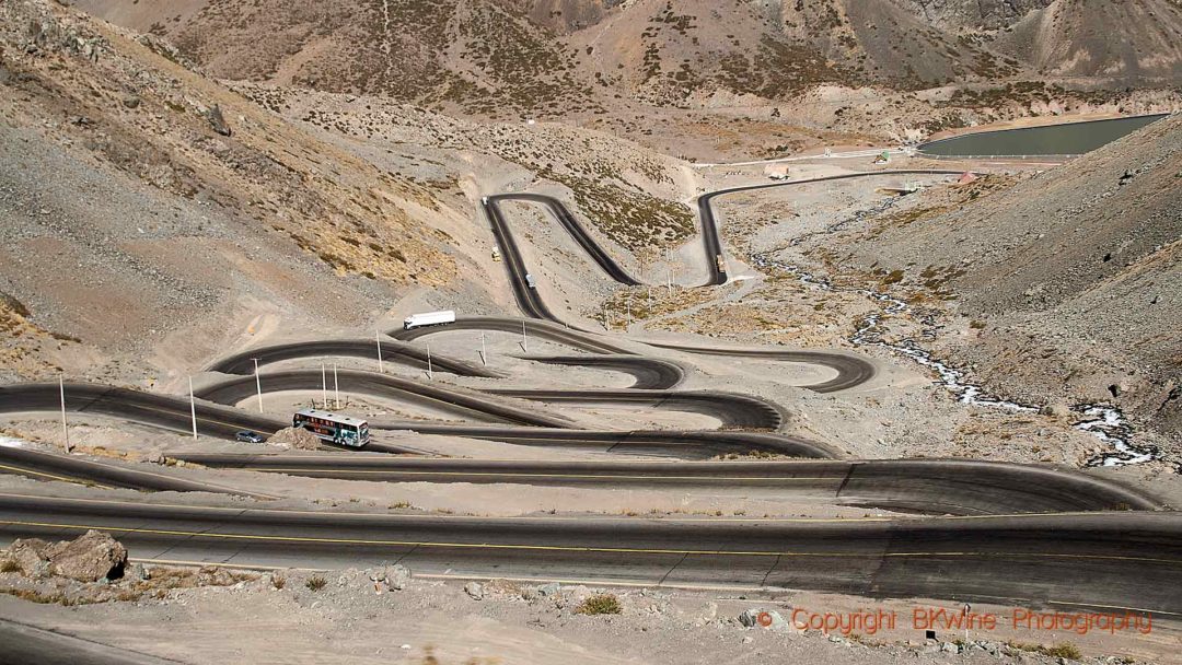 The winding road down from the Andes pass into Chile