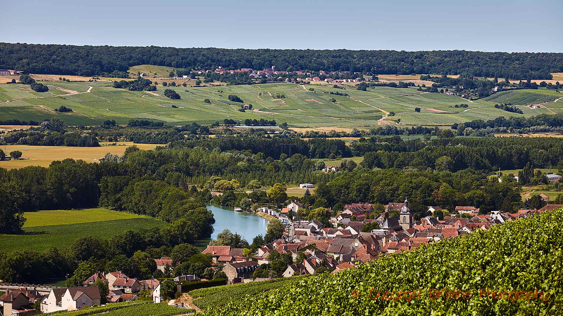 A village, vineyards and the Marne river in Champagne