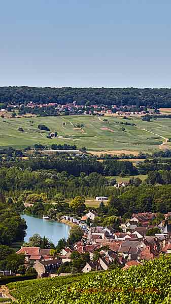 A village, vineyards and the Marne river in Champagne