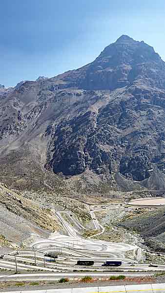 The winding road down from the Andes pass into Chile
