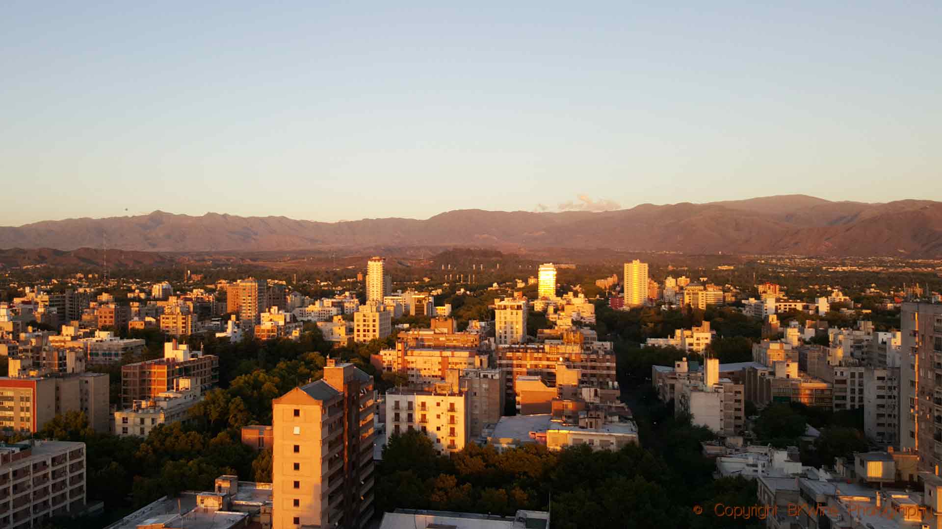 Sunrise over Mendoza City and the Andes