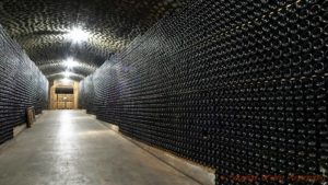 Thousands of bottles of sparkling cava in a wine cellar in Catalonia