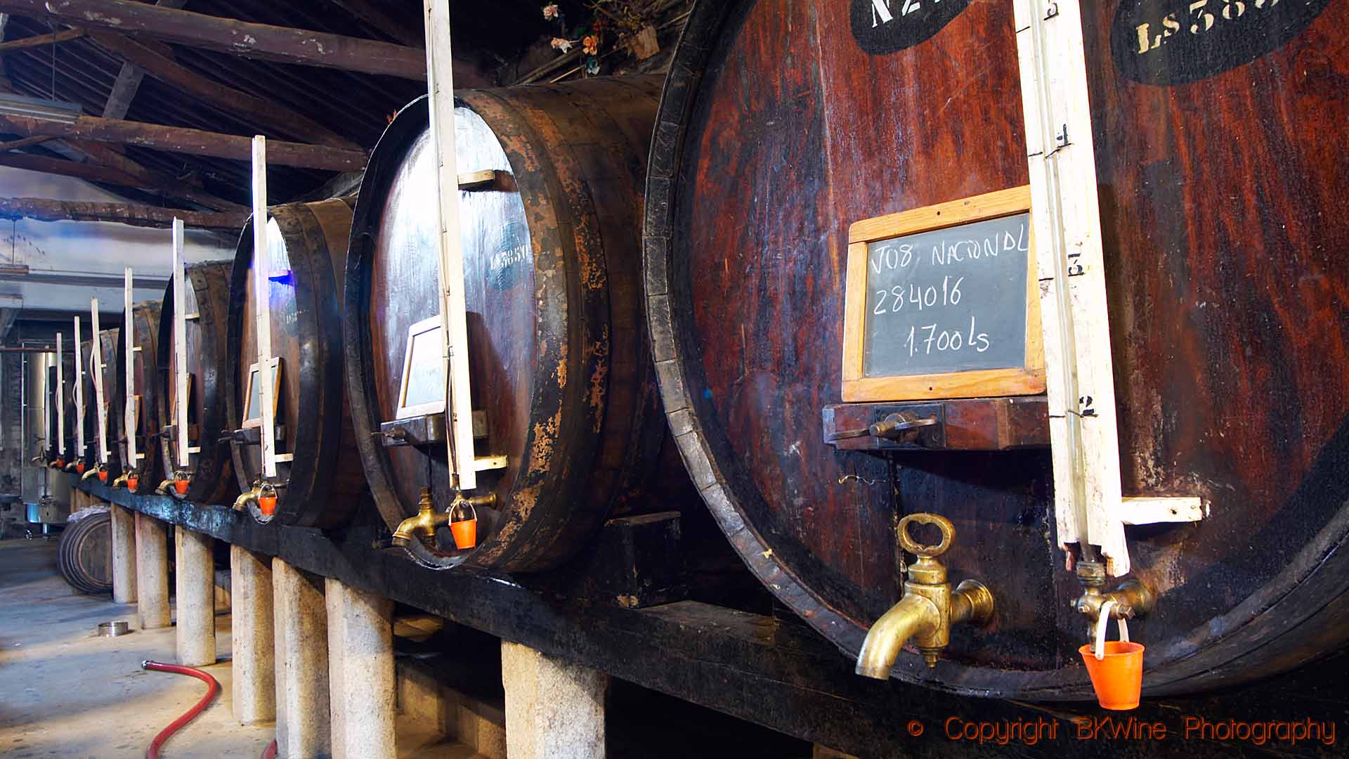 Big old oak vats in a wine cellar in the Douro Valley