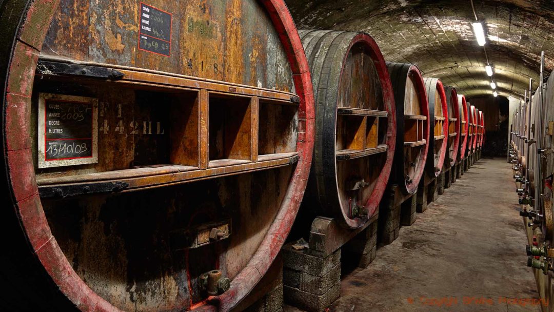 A wine cellar with old oak barrels in the Rhone Valley