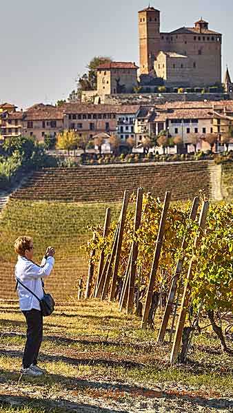 Vineyards and a village with an old castle in Barolo