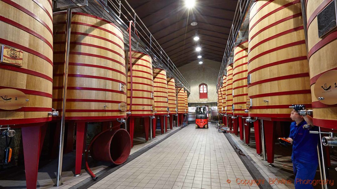 Big traditional wooden vats in a wine cellar in Rioja