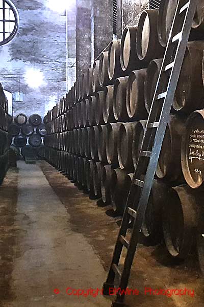 A sherry bodega filled with old barrels in a big winery, Andalusia