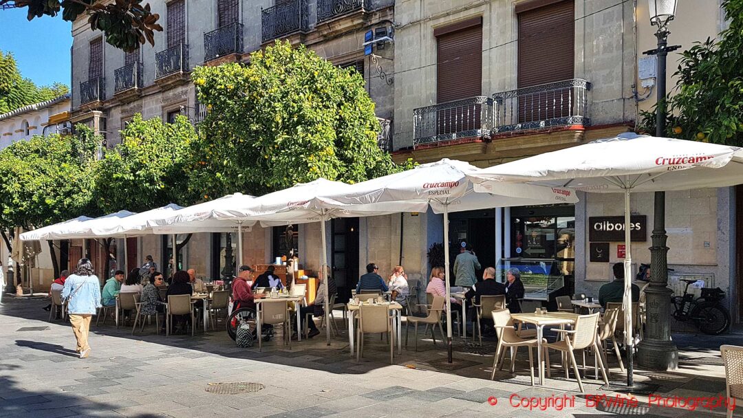 A cafe in a town square in Jerez de la Frontera, the sherry town in Andalusia