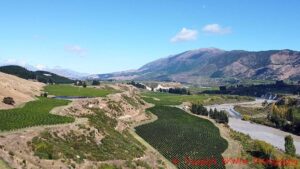 Vineyards, mountains and the river in Awatere Valley in Marlborough, New Zealand
