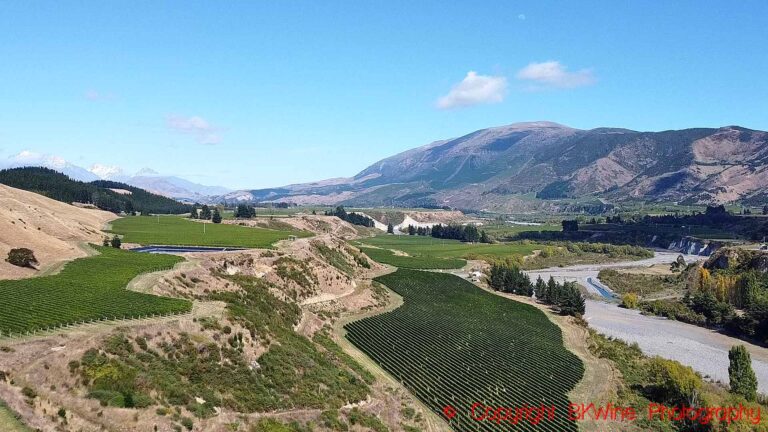 Vineyards, mountains and the river in Awatere Valley in Marlborough, New Zealand
