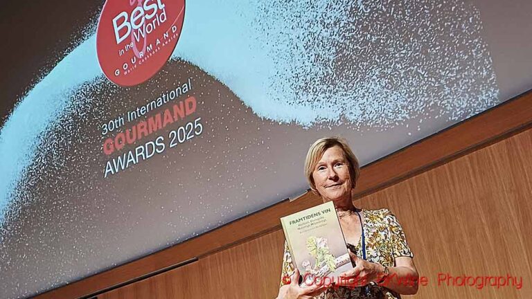 Britt Karlsson, BKWine, at the Gourmand Awards 2025 with her winning book The Wine For the Future