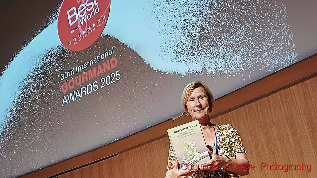 Britt Karlsson, BKWine, at the Gourmand Awards 2025 with her winning book The Wine For the Future