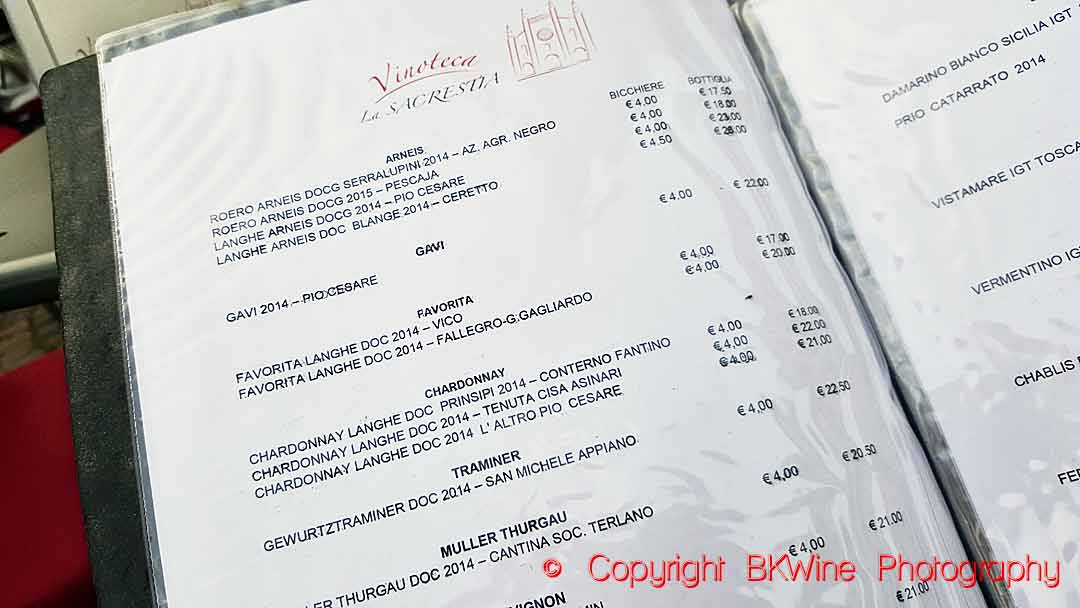 A wine list at a restaurant in Italy