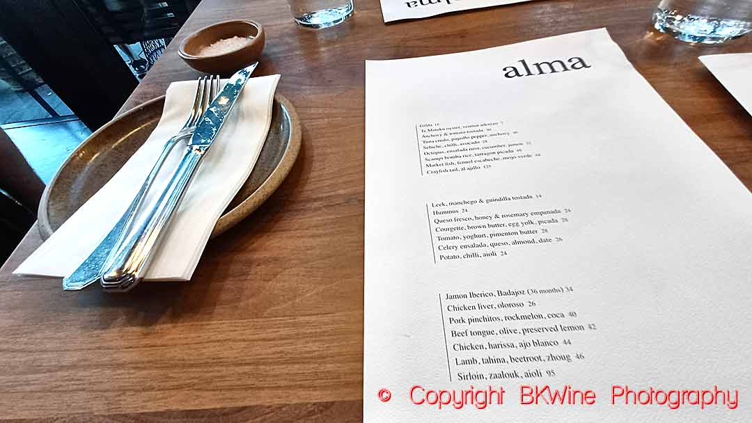 The menu at the Alma restaurant in Auckland, New Zealand
