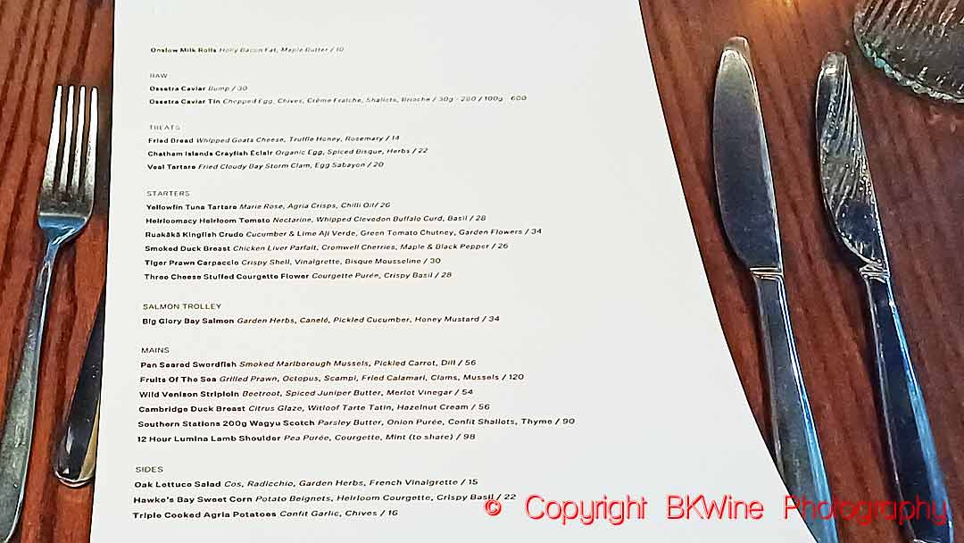 The menu at the Onslow (Josh Emett) restaurant, Auckland, New Zealand