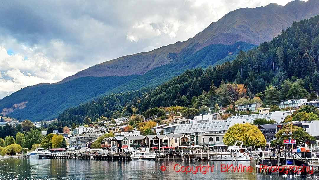 The board-walk, town and The Remarkables, Queenstown, Central Otago, New Zealand